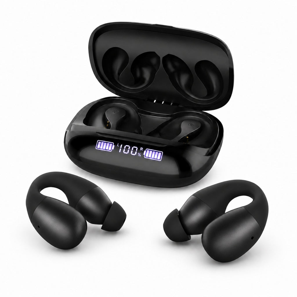 NovaClip matte black hearing aid — inner side with silicone sound guide and charging contacts