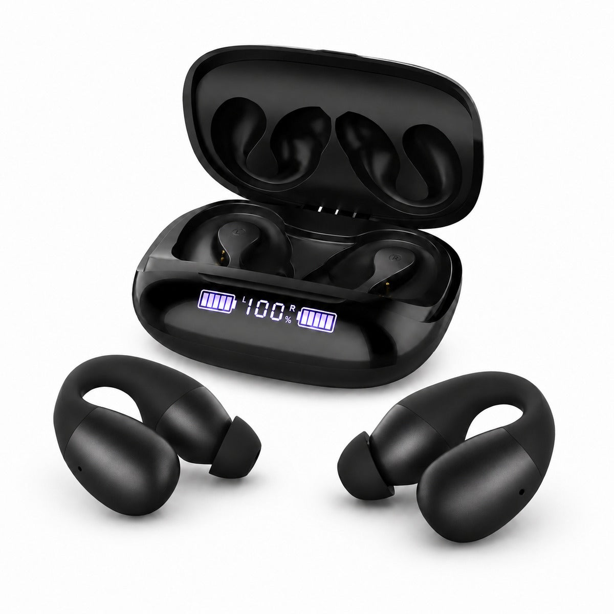 NovaClip matte black hearing aid — inner side with silicone sound guide and charging contacts