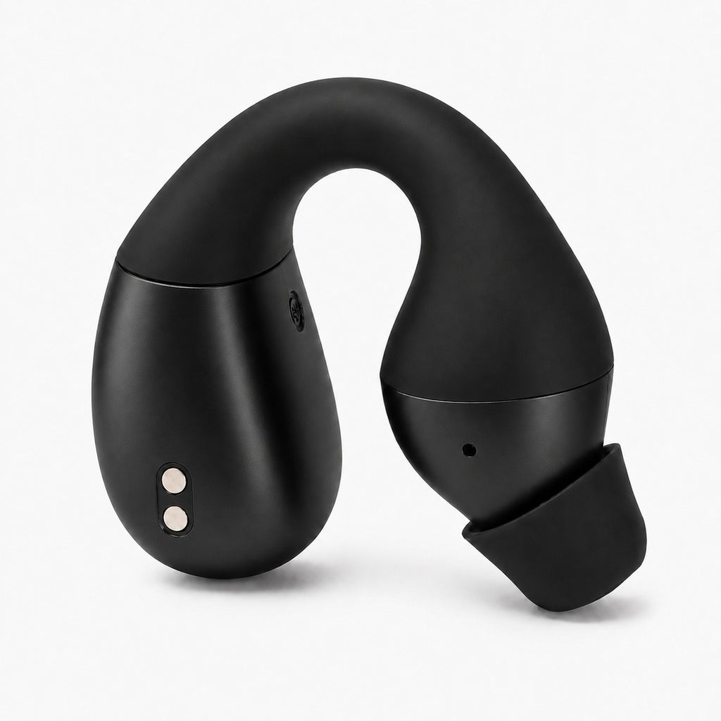 NovaClip top view — matte black clip-on OTC hearing aid