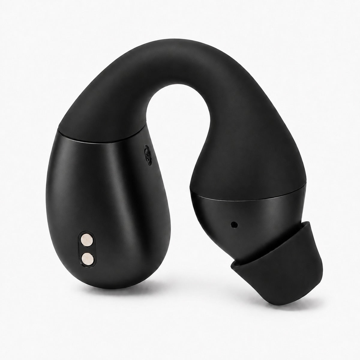 NovaClip top view — matte black clip-on OTC hearing aid